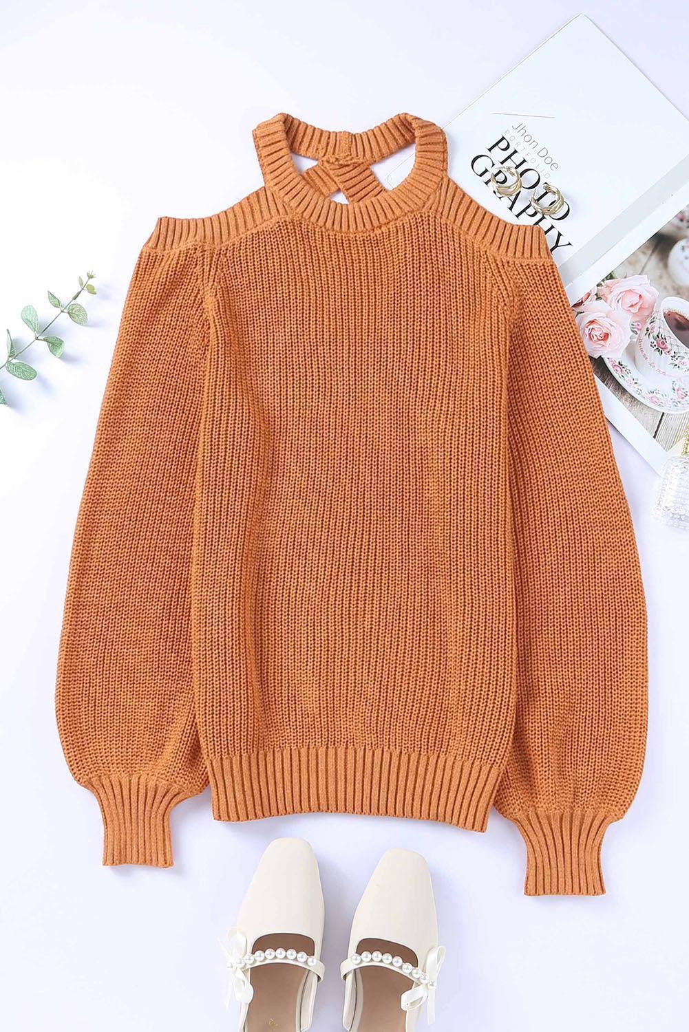 Cutout Back Cold Shoulder Long Sleeve Sweater - Trendy by Luna