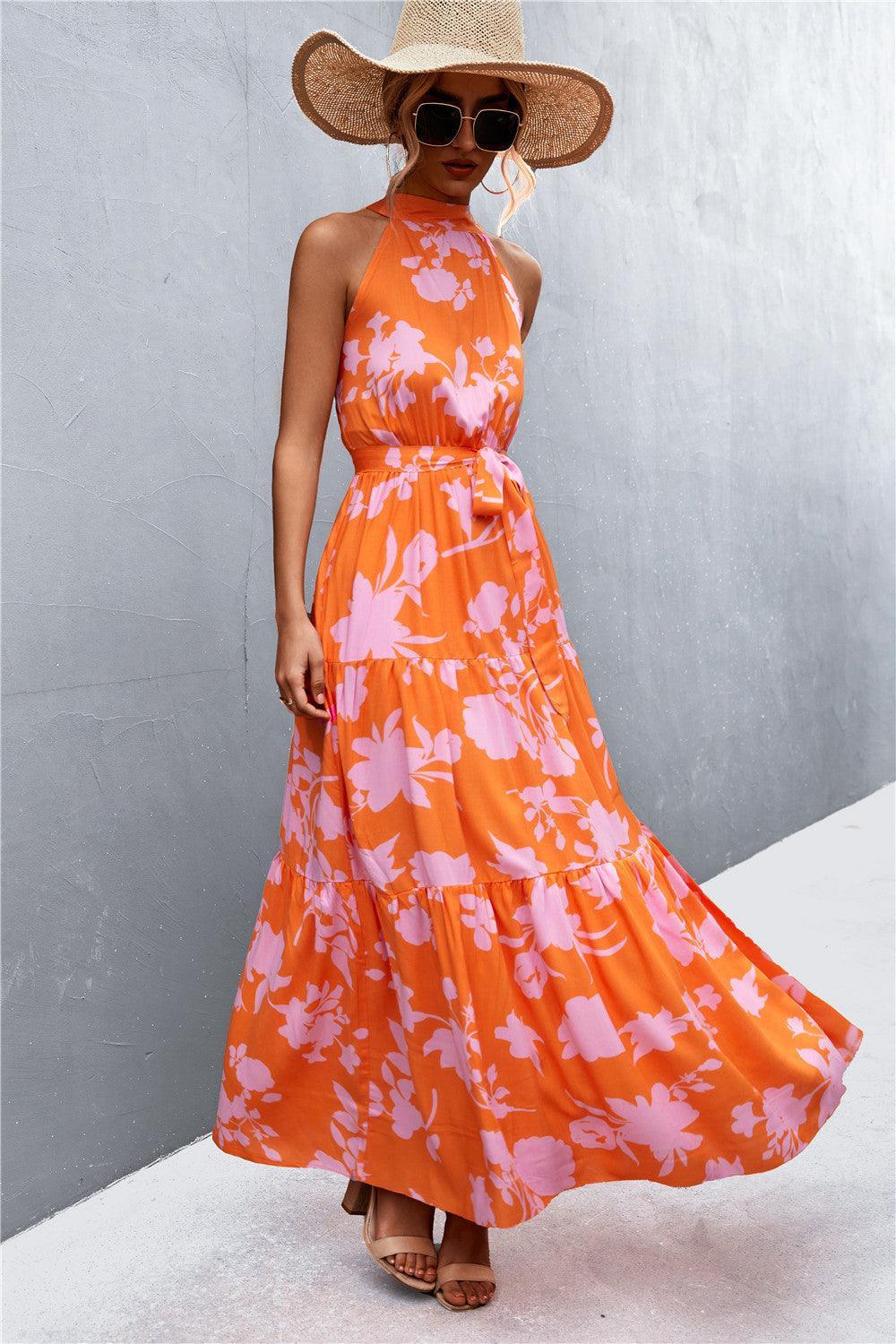 Printed Sleeveless Tie Waist Maxi Dress - Trendy by Luna