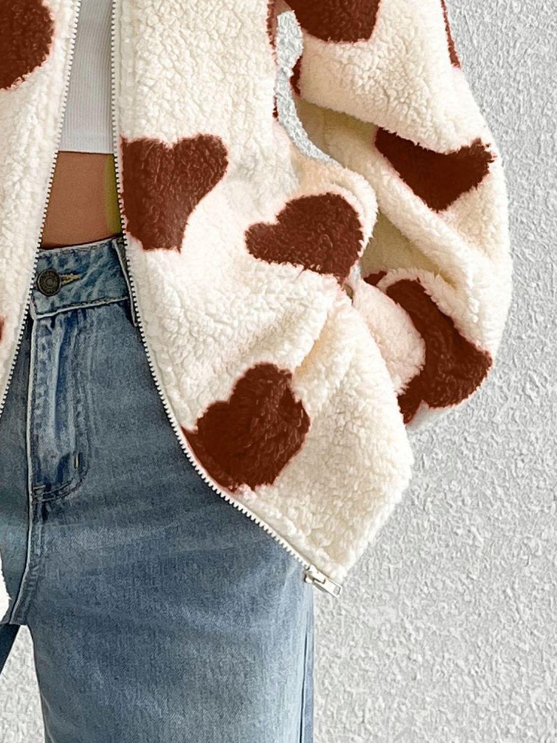 Heart Zip Up Drop Shoulder Furry Jacket - Trendy by Luna