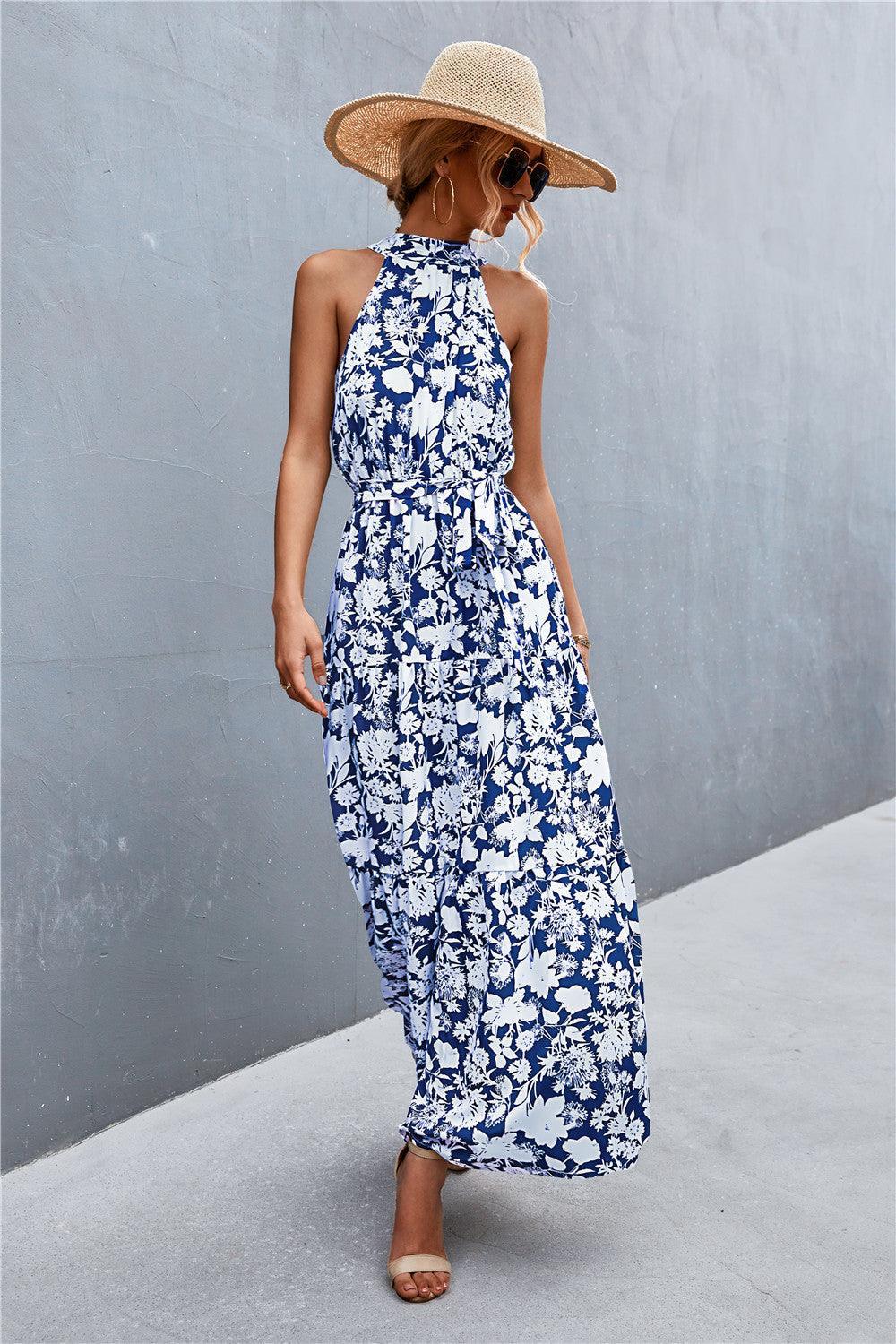 Printed Sleeveless Tie Waist Maxi Dress - Trendy by Luna