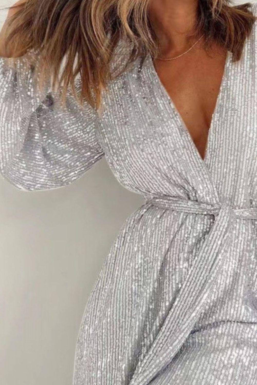 Full Size Sequin Surplice Tie Waist Long Sleeve Romper - Trendy by Luna