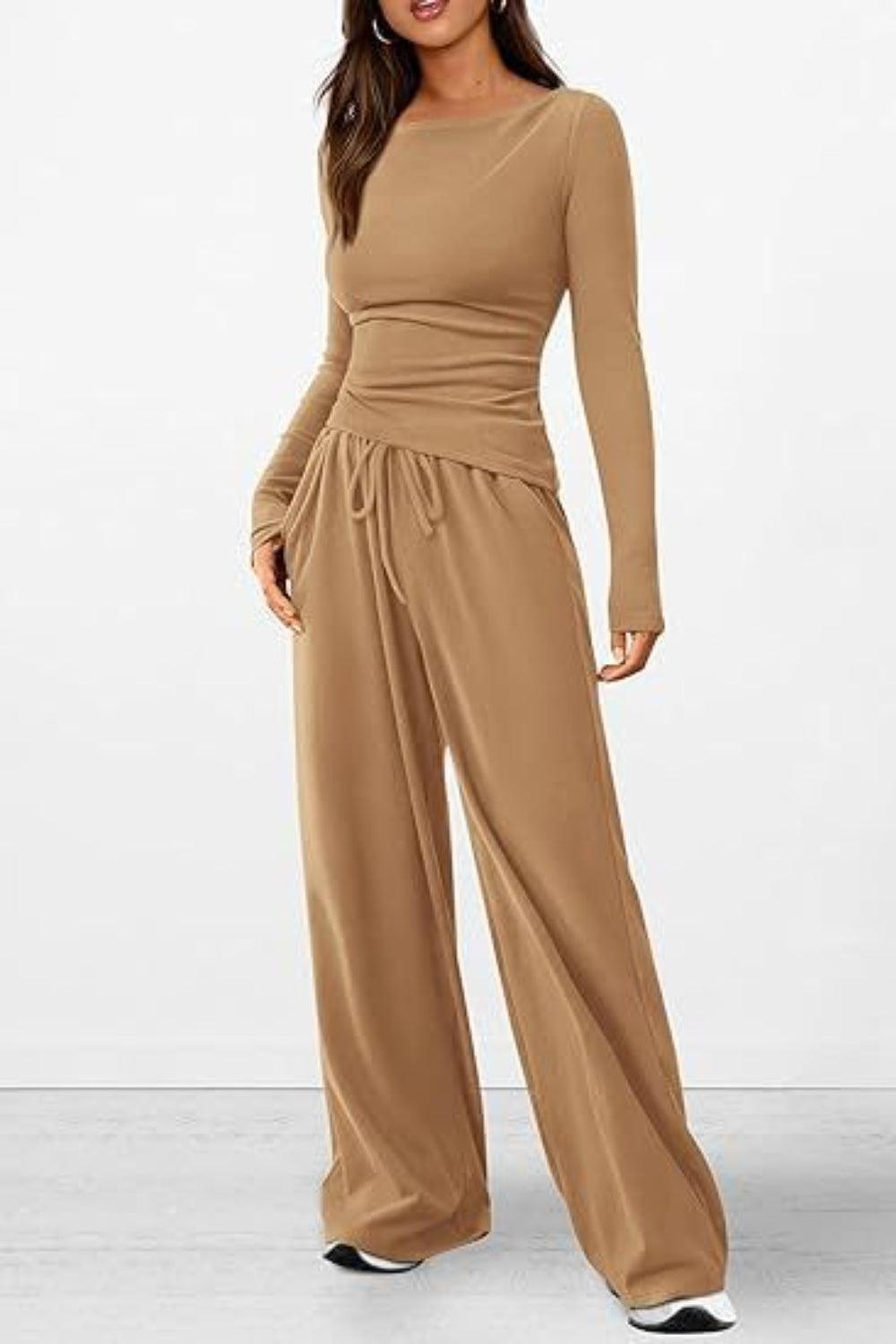 Round Neck Long Sleeve Top and Pants Set - Trendy by Luna