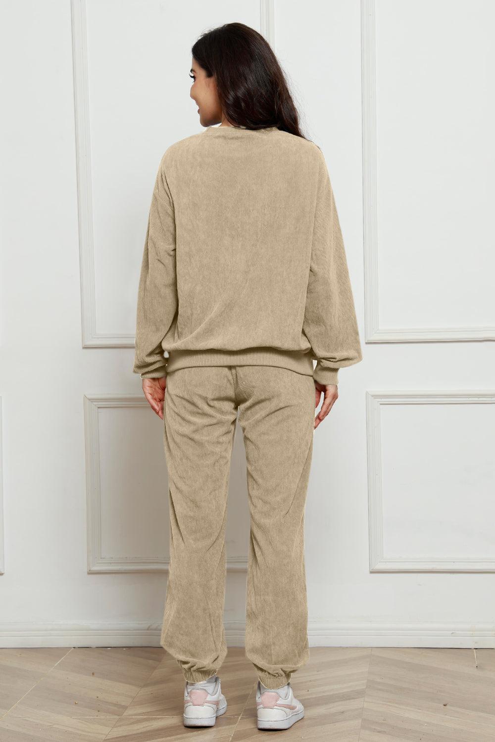 Corduroy Round Neck Sweatshirt and Sweatpants Set - Trendy by Luna