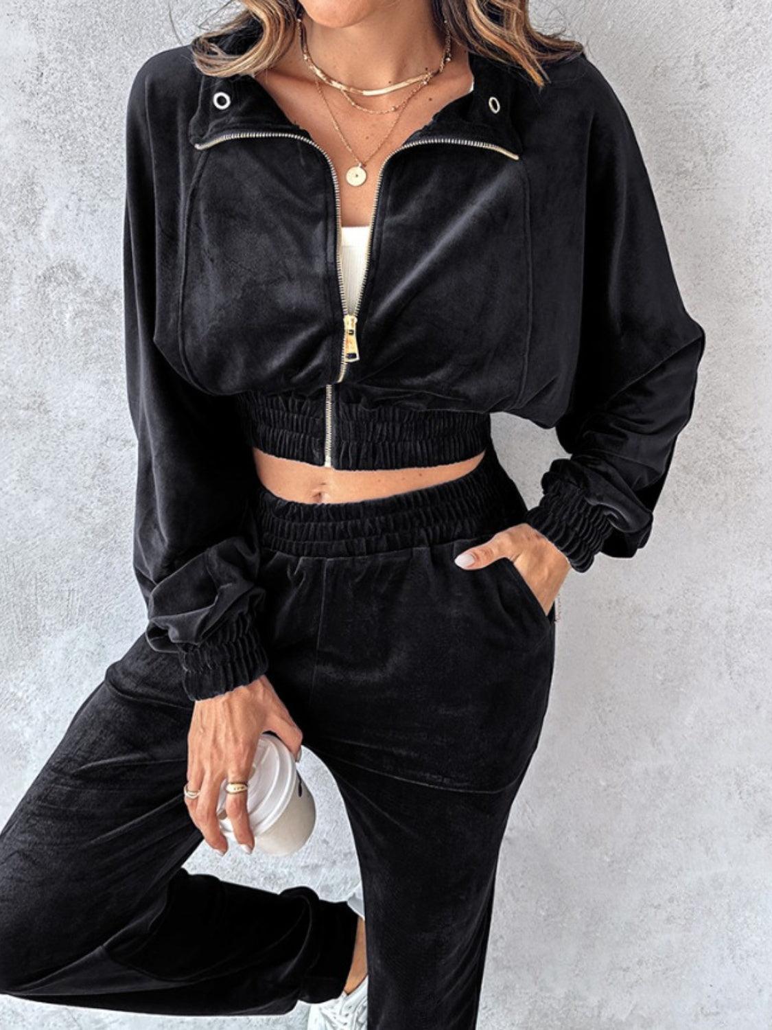 Zip Up Long Sleeve Cropped Top and Joggers Set - Trendy by Luna