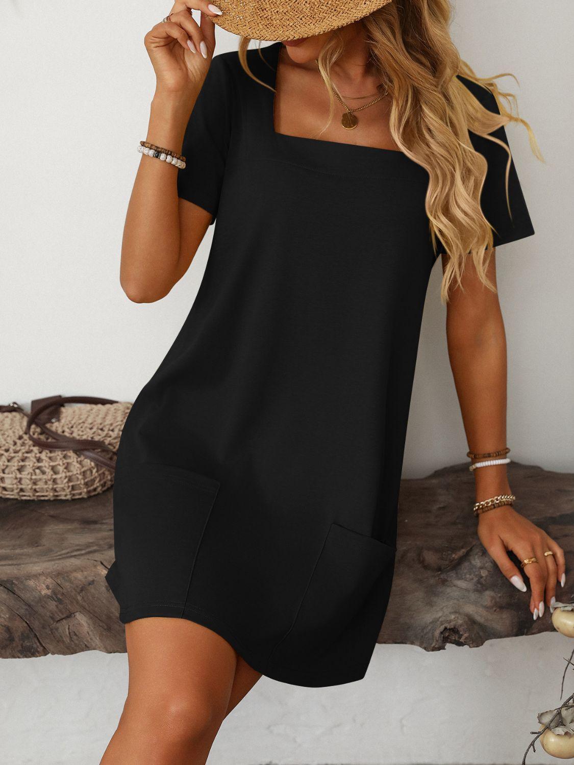 Square Neck Short Sleeve Mini Dress - Trendy by Luna