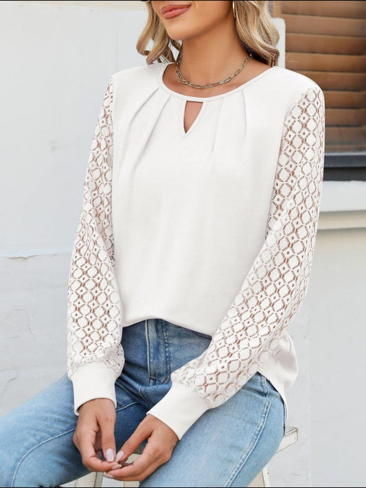 Cutout Round Neck Lace Long Sleeve Blouse