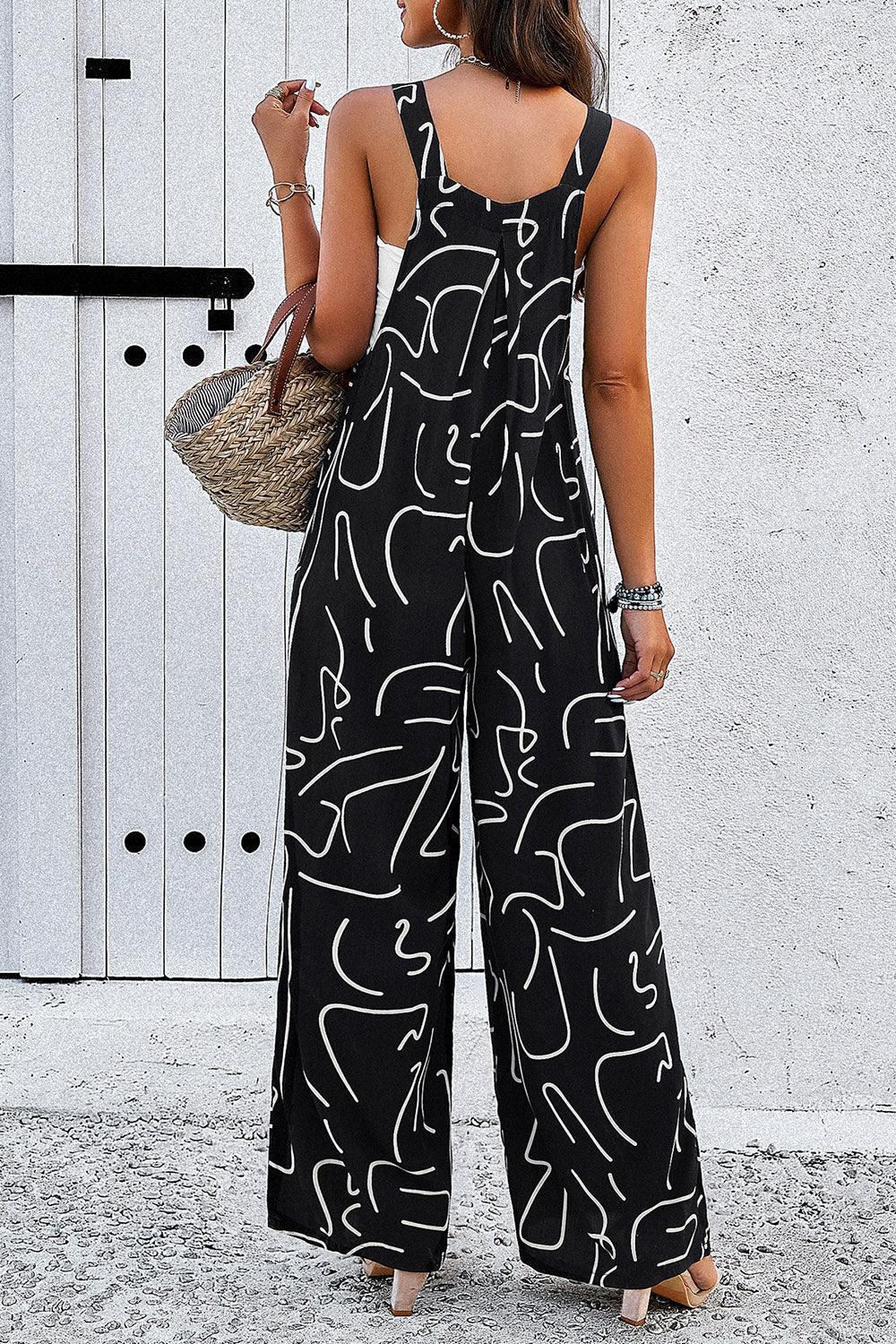 Printed Wide Strap Jumpsuit with Pockets - Trendy by Luna