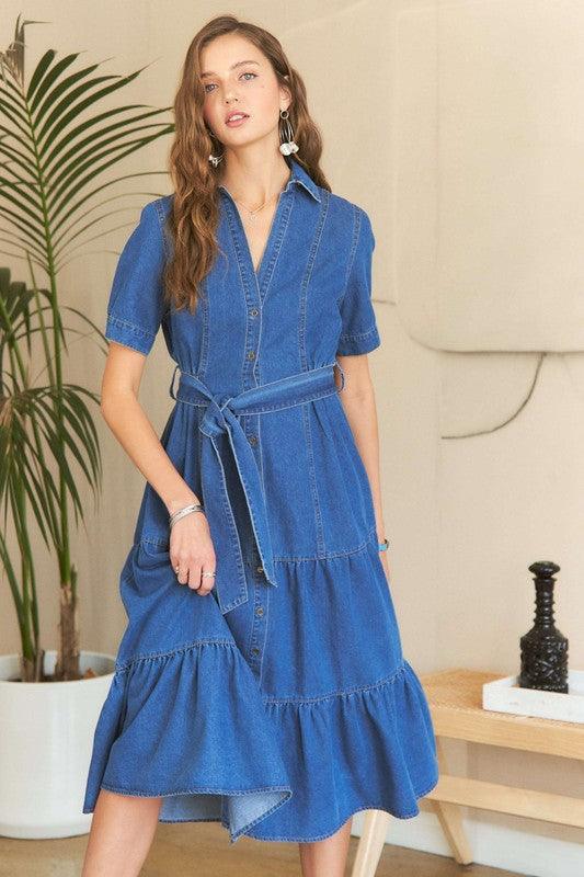 Tiered Button Down Tie Waist Short Sleeve Denim Dress - Trendy by Luna