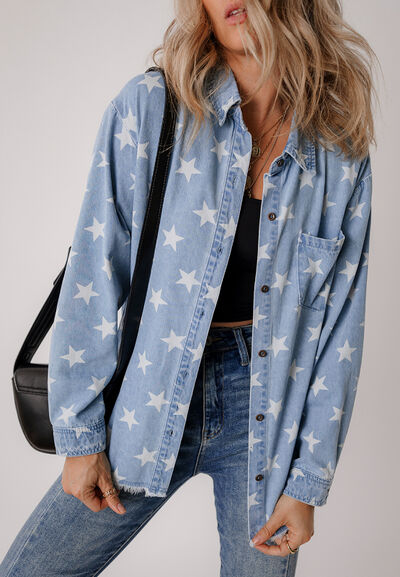 Raw Hem Star Collared Neck Denim Top - Trendy by Luna