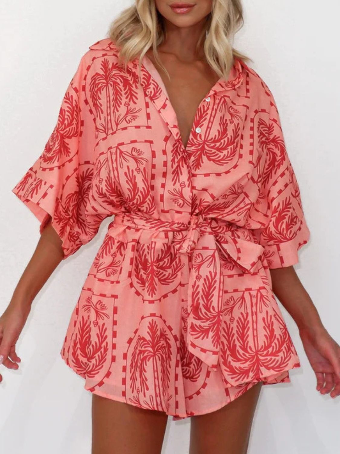 Printed Tie Waist Half Sleeve Romper