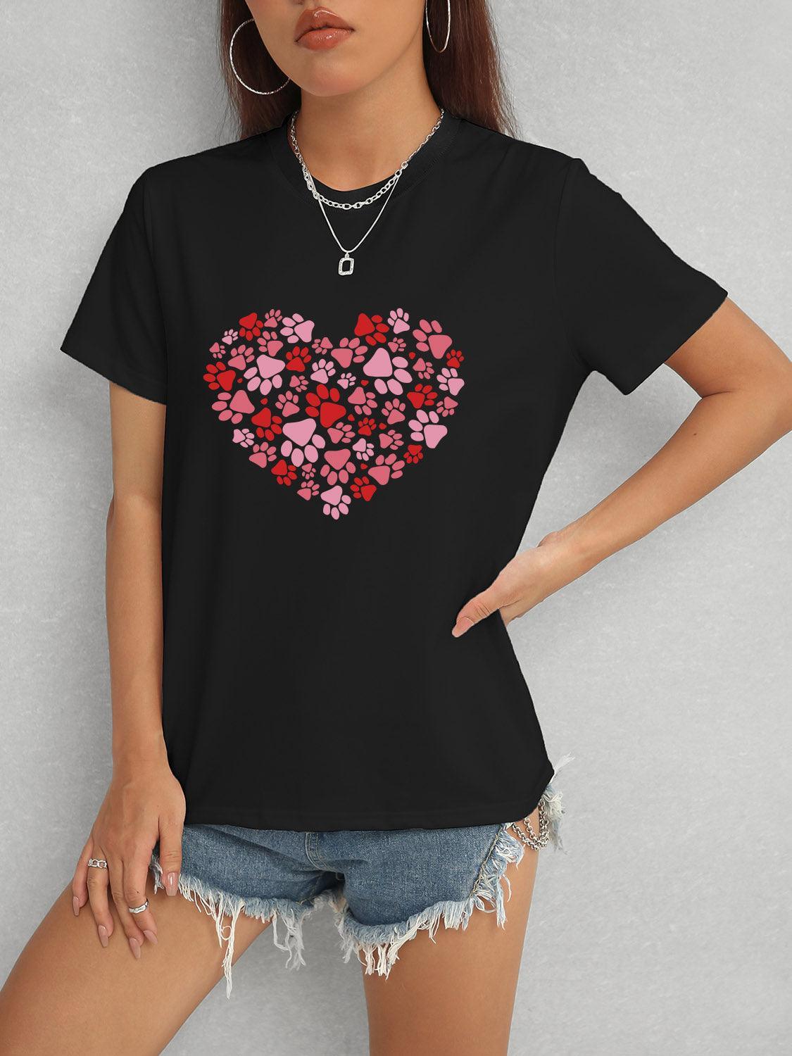 Heart Round Neck Short Sleeve T-Shirt - Trendy by Luna