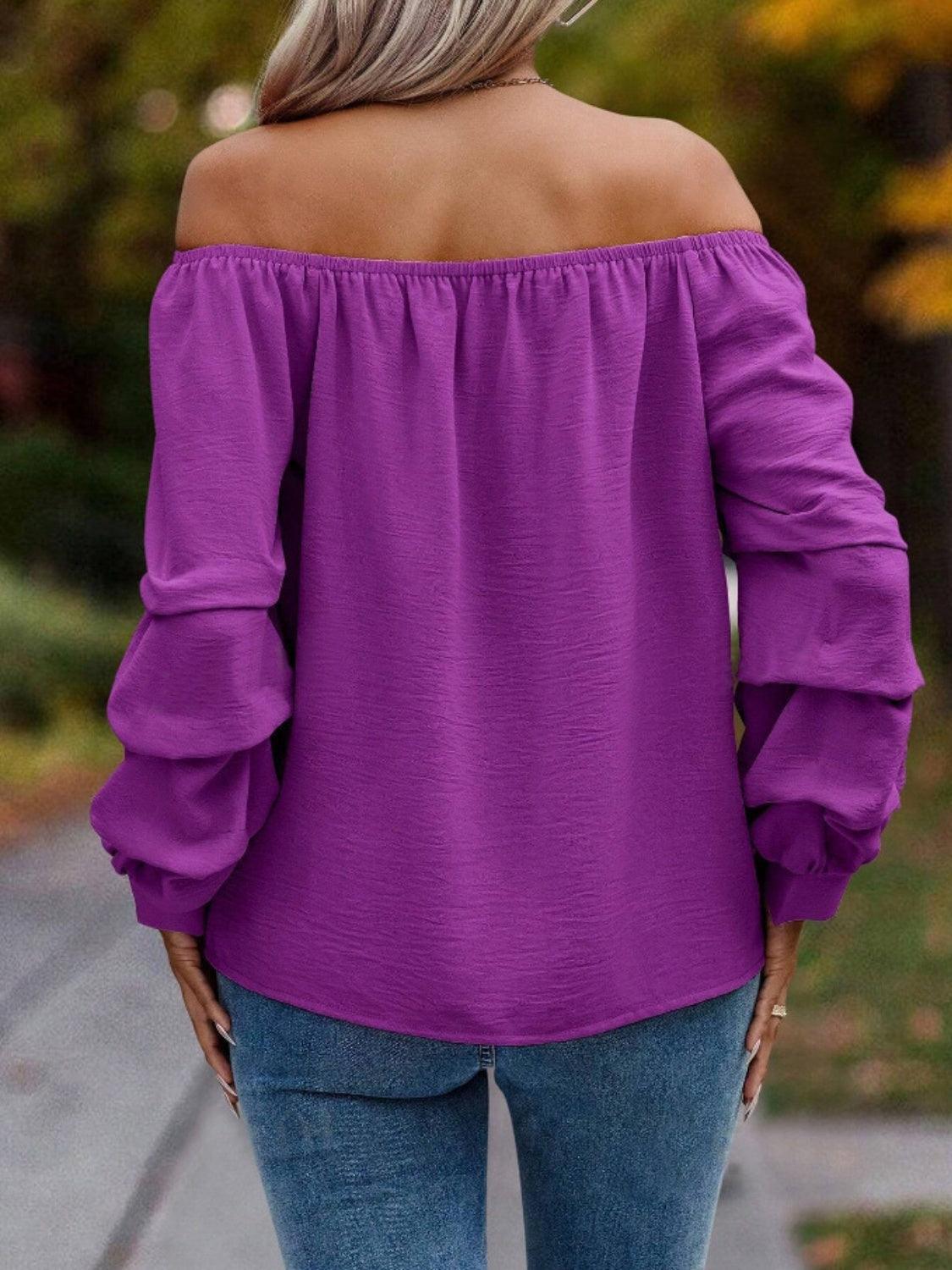 Ruched Off-Shoulder Long Sleeve Blouse - Trendy by Luna