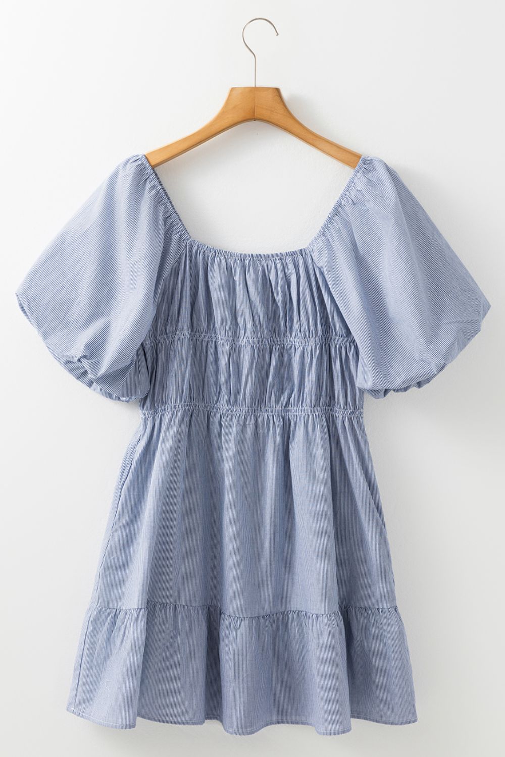 Striped Bubble Sleeve Ruched Babydoll Dress - Trendy by Luna