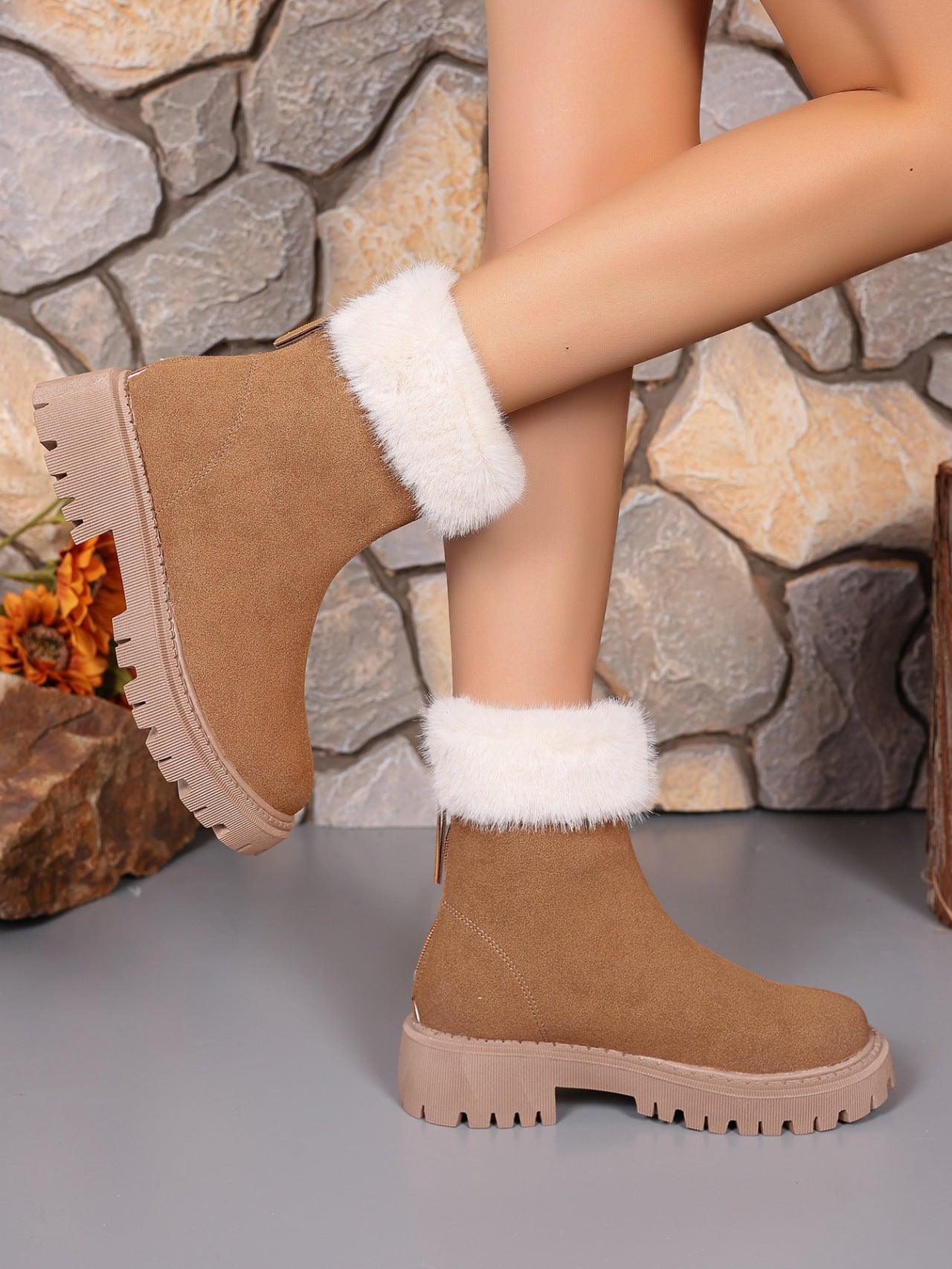 Faux Fur Trim Suede Platform Boots - Trendy by Luna