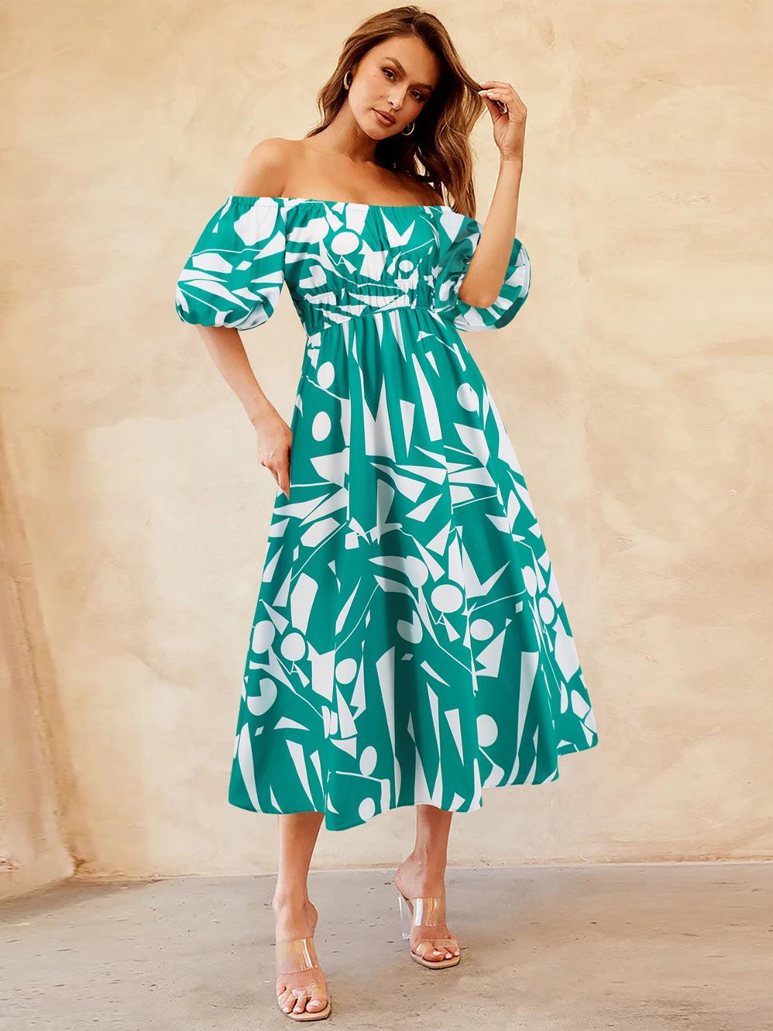 Printed Off-Shoulder Balloon Sleeve Dress - Trendy by Luna