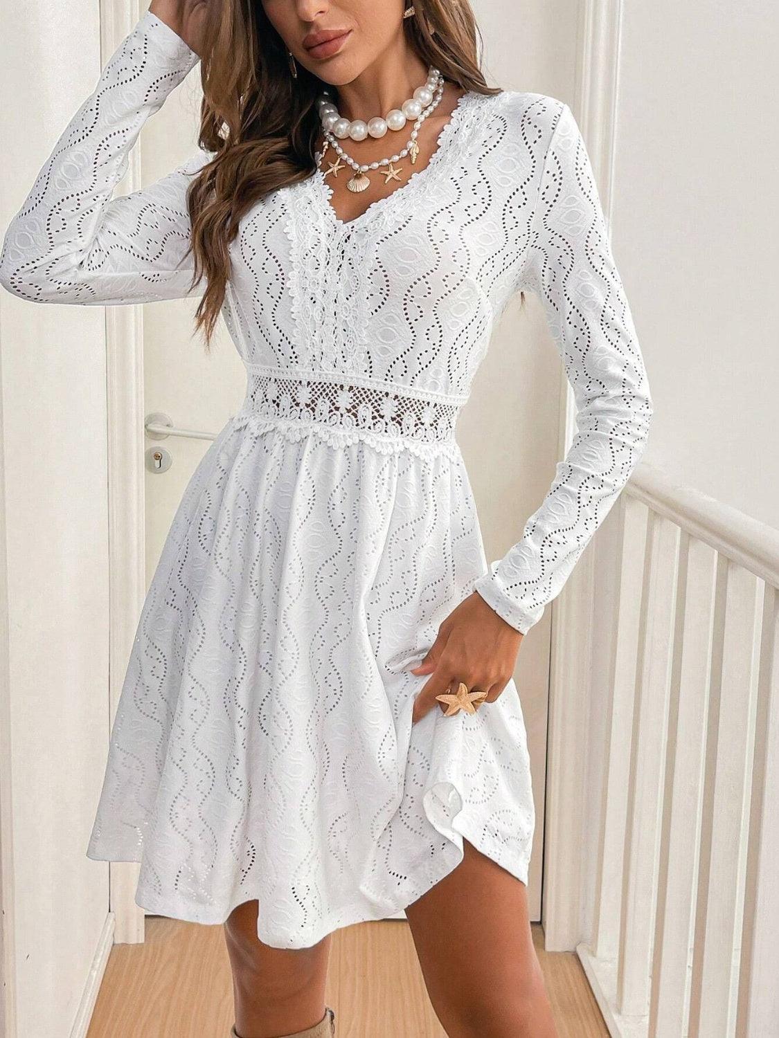 Lace Detail V Neck Long Sleeve Mini Dress - Trendy by Luna