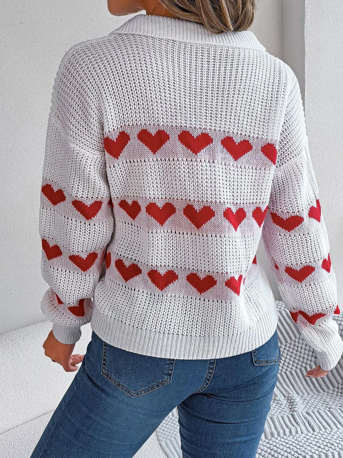 Heart Johnny Collar Long Sleeve Sweater - Trendy by Luna