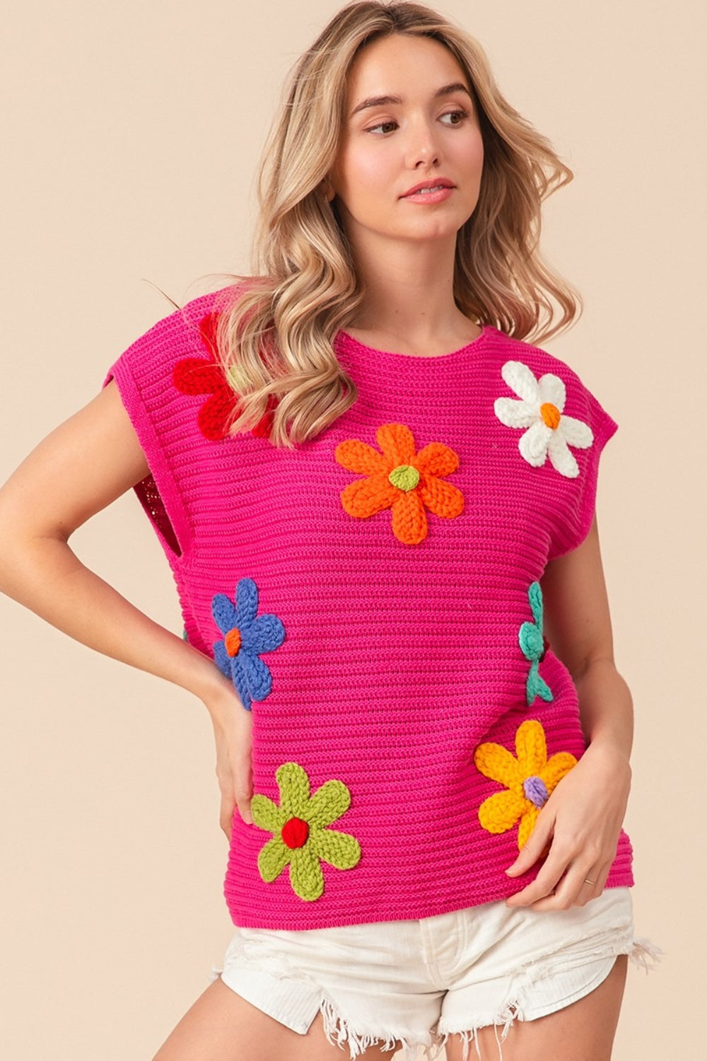 BiBi Flower Round Neck Cap Sleeve Knit Top - Trendy by Luna