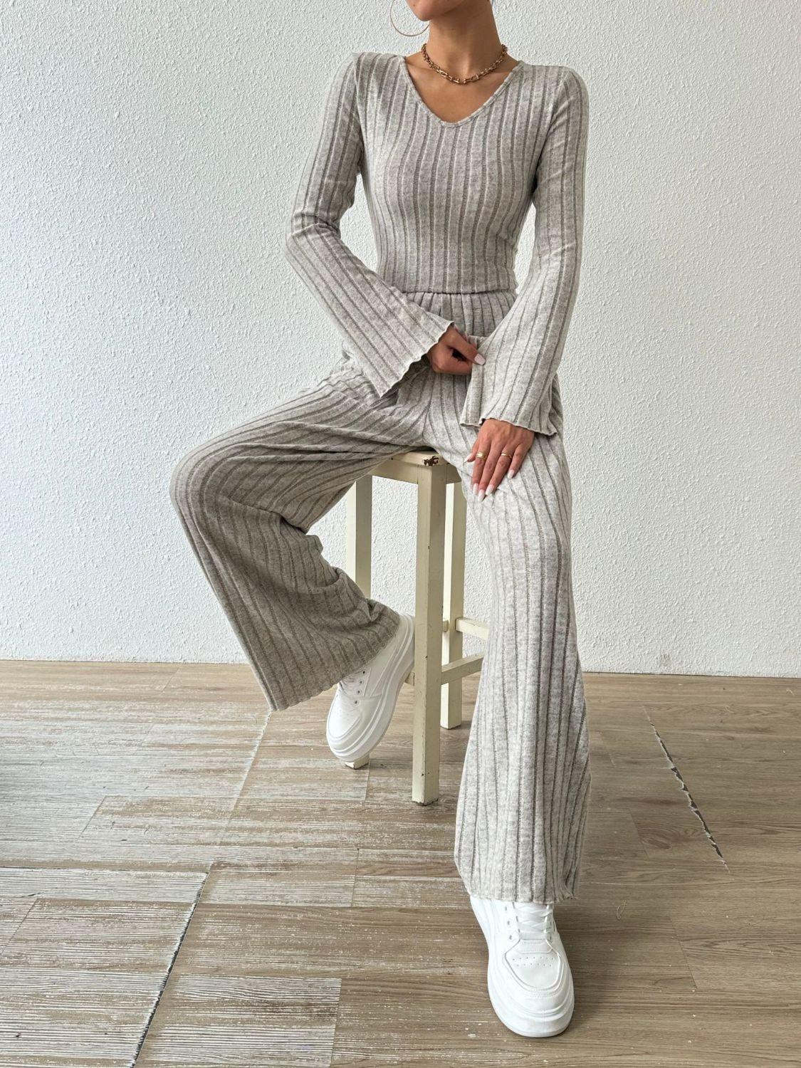 Ribbed V-Neck Long Sleeve Top and Pocketed Pants Set - Trendy by Luna