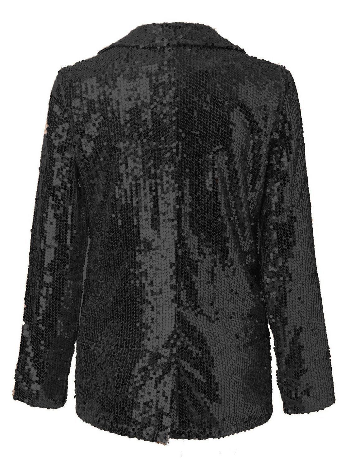 Sequin Lapel Collar Long Sleeve Blazer - Trendy by Luna