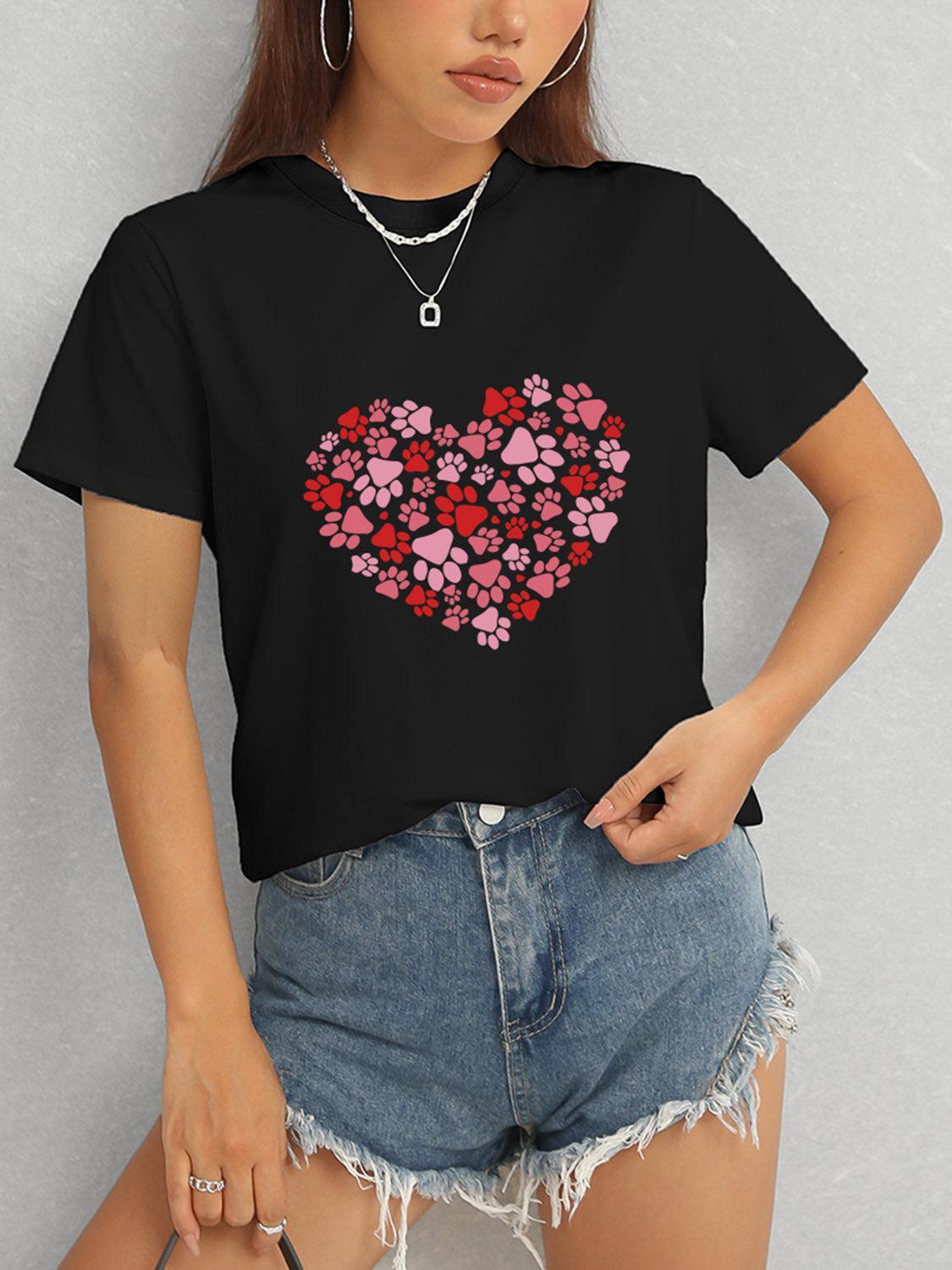 Heart Round Neck Short Sleeve T-Shirt - Trendy by Luna