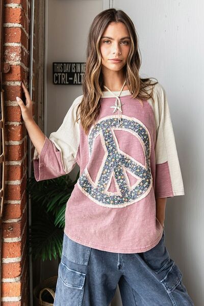 Peace Sign Patch Mineral Washed T-Shirt - Trendy by Luna