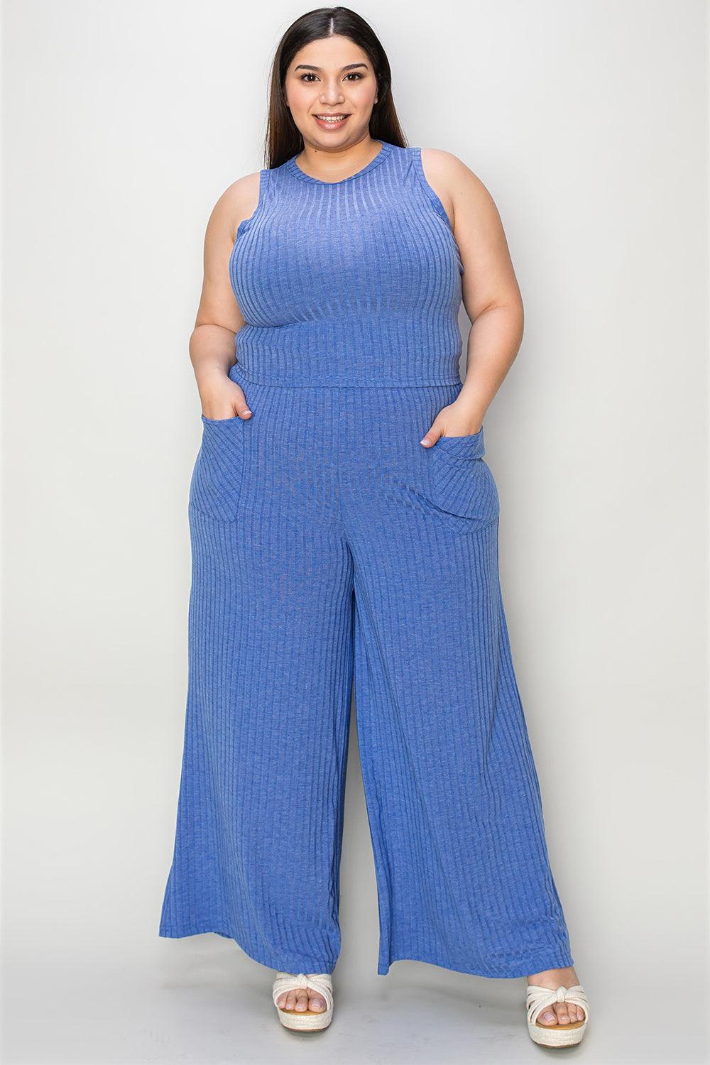 Full Size Ribbed Tank and Wide Leg Pants Set - Trendy by Luna