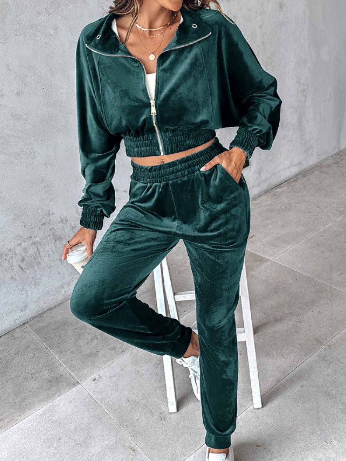 Zip Up Long Sleeve Cropped Top and Joggers Set - Trendy by Luna