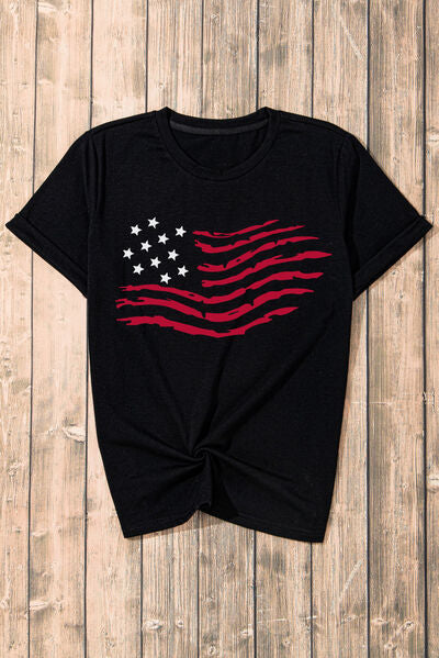 US Flag Round Neck Short Sleeve T-Shirt - Trendy by Luna