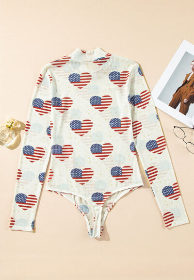 US Flag Heart Mock Neck Long Sleeve Bodysuit - Trendy by Luna