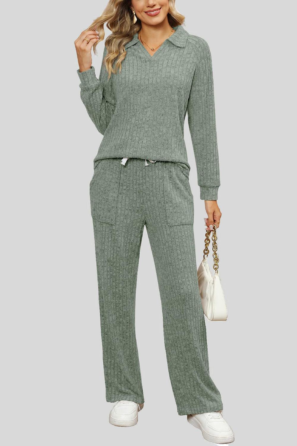 Ribbed Long Sleeve Top and Pocketed Pants Set - Trendy by Luna