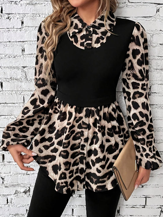 Leopard Collared Neck Balloon Sleeve Blouse - Trendy by Luna