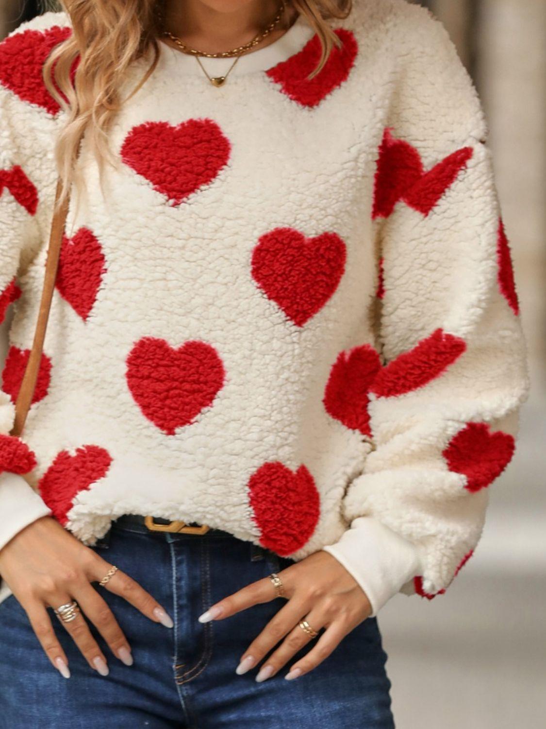 Fuzzy Heart Dropped Shoulder Sweatshirt - Trendy by Luna