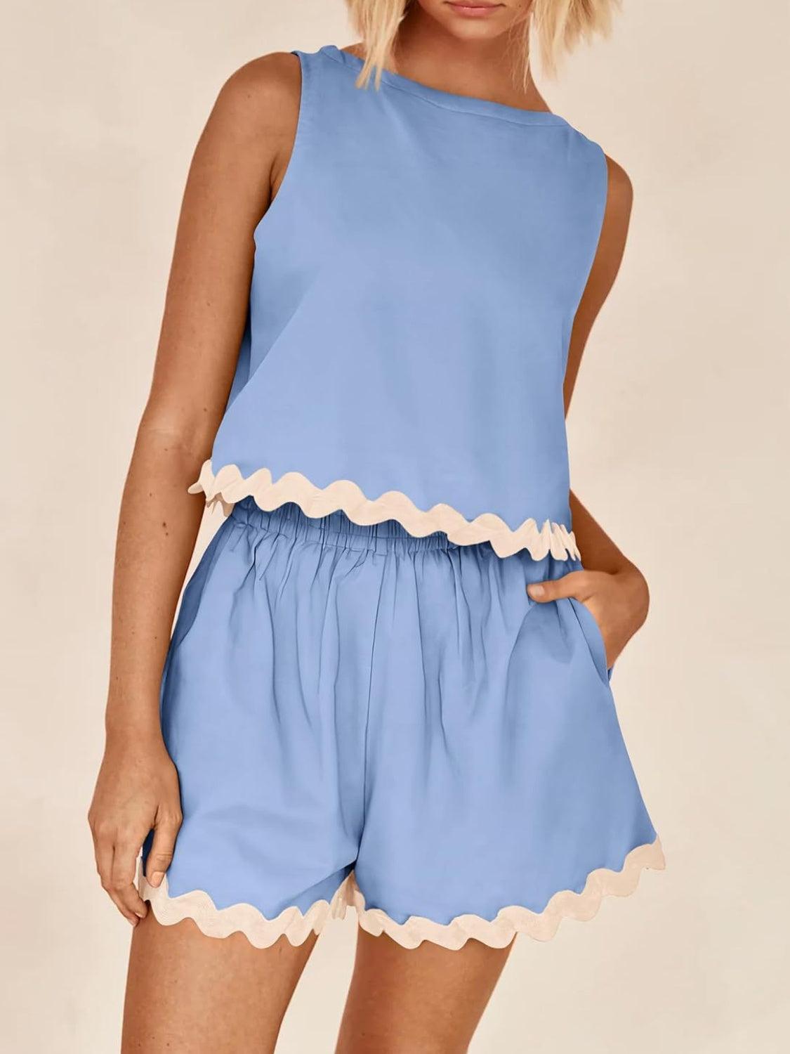 Contrast Trim Sleeveless Top and Shorts Set - Trendy by Luna