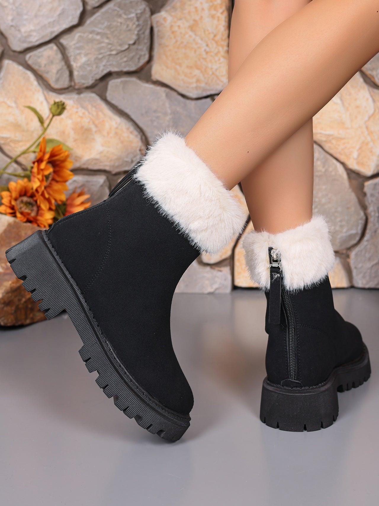 Faux Fur Trim Suede Platform Boots - Trendy by Luna