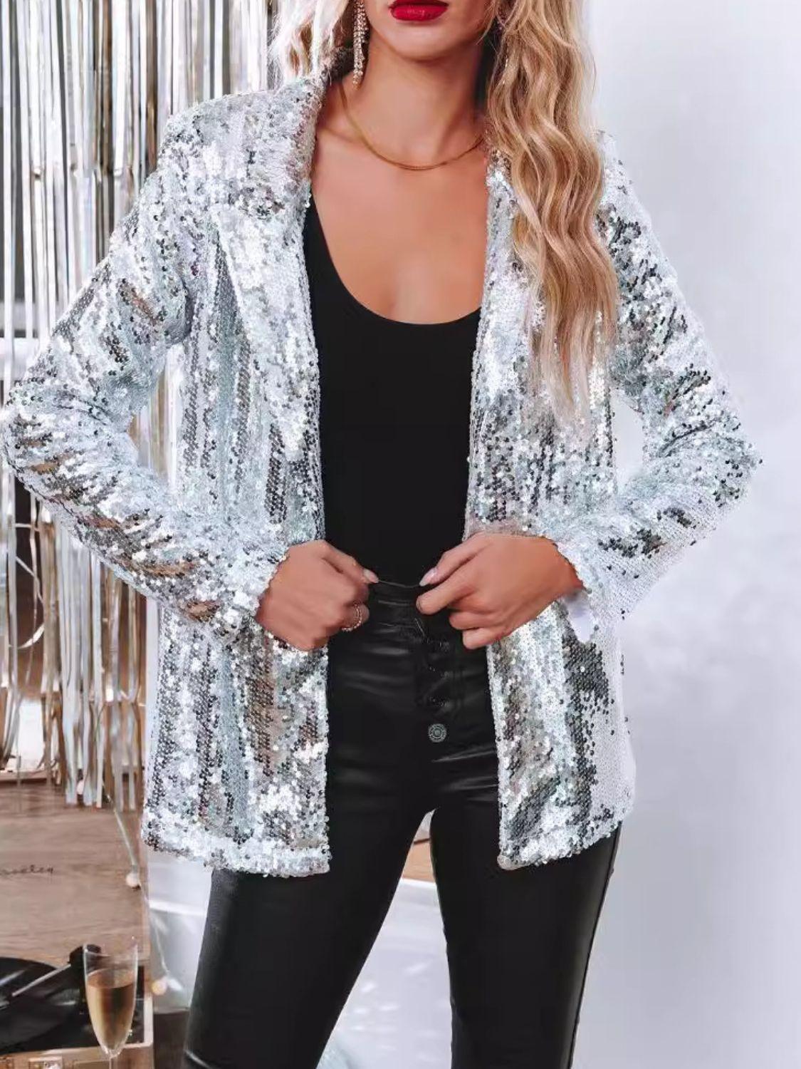 Sequin Lapel Collar Long Sleeve Blazer - Trendy by Luna