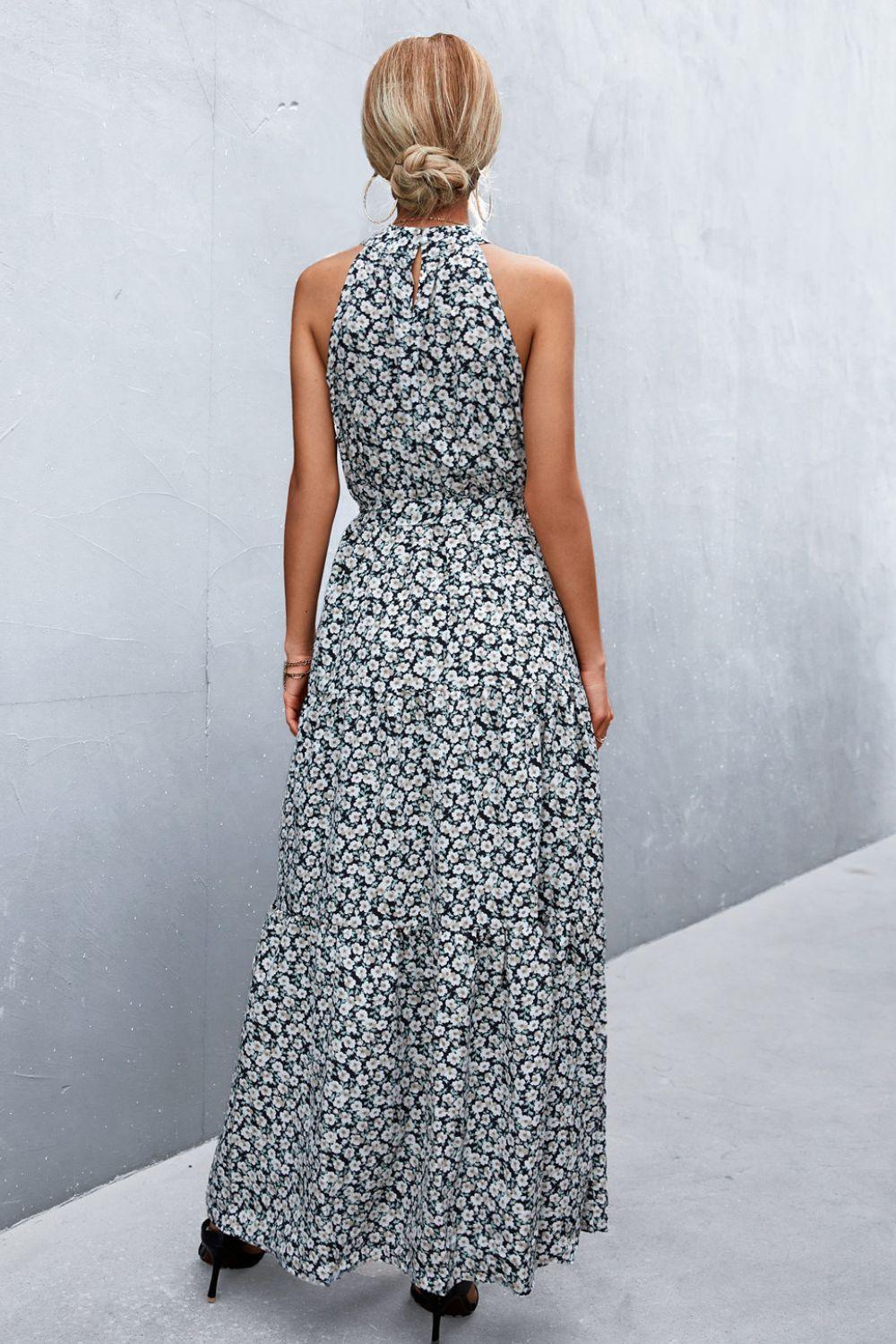 Printed Sleeveless Tie Waist Maxi Dress - Trendy by Luna