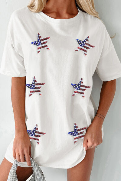 US Flag Star Round Neck Half Sleeve Oversize T-Shirt - Trendy by Luna