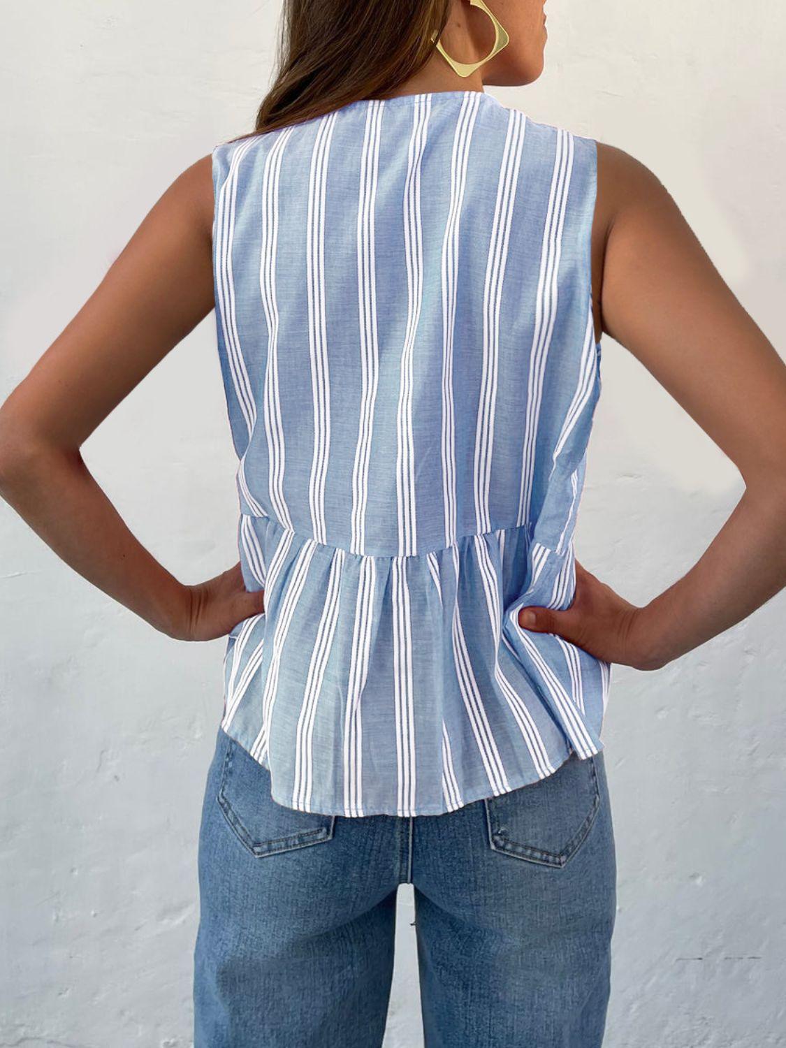 Tied Striped Round Neck Tank - Trendy by Luna