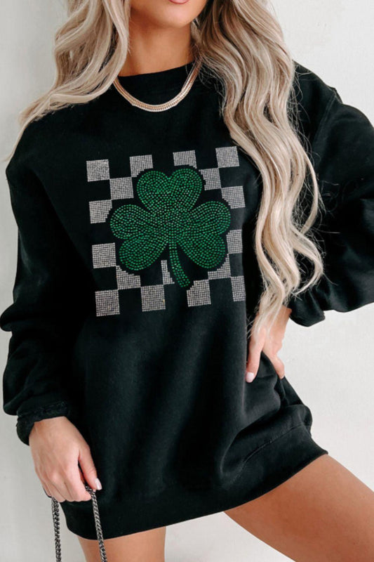 Rhinestone Checkered Lucky Clover Round Neck Sweatshirt - Trendy by Luna