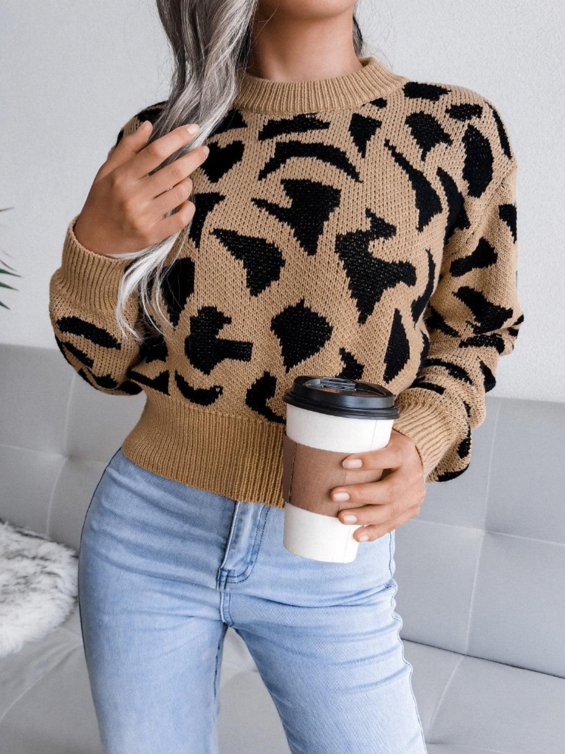 Leopard Round Neck Dropped Shoulder Sweater - Trendy by Luna