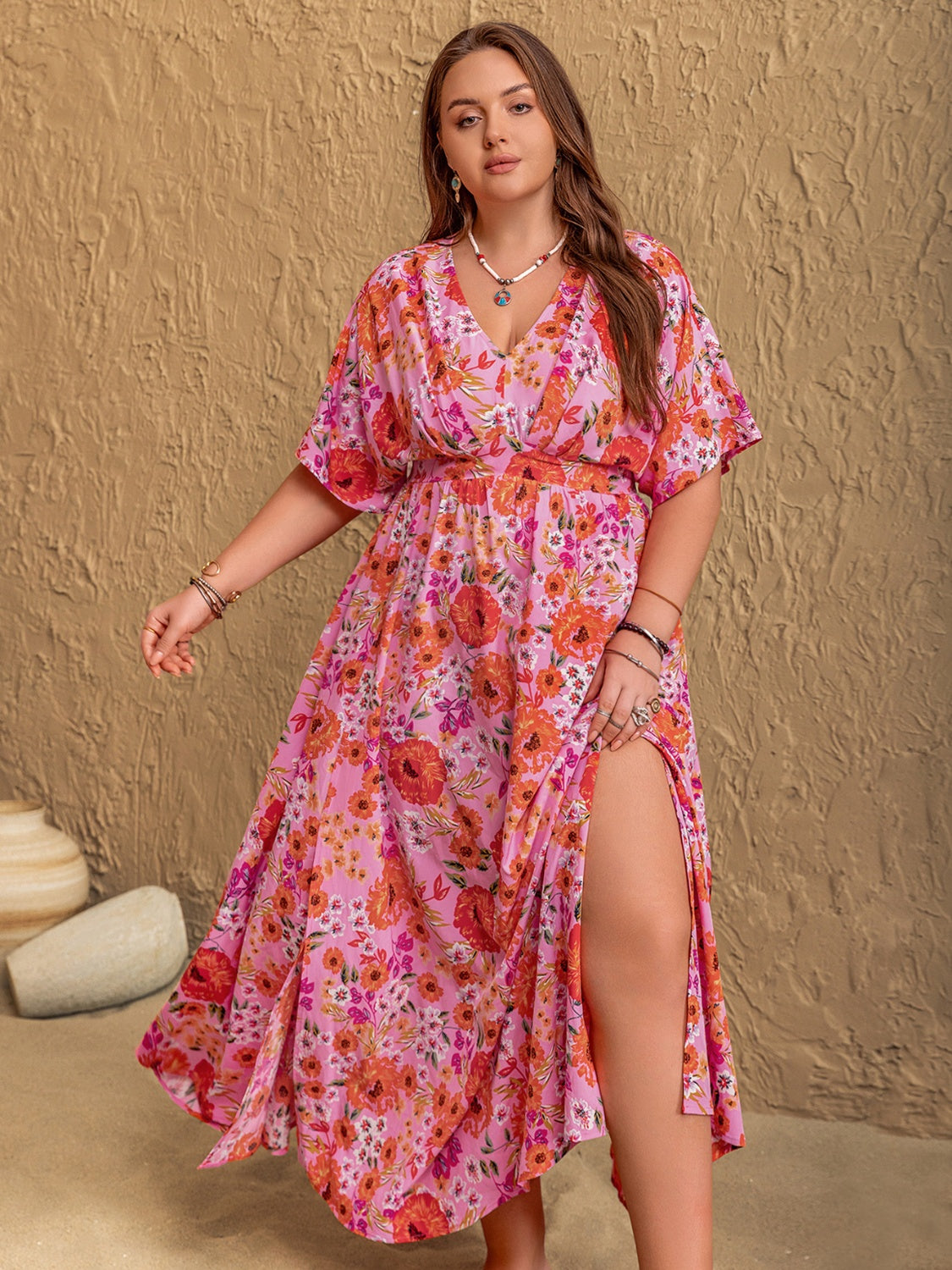 Plus Size Slit Floral V-Neck Half Sleeve Maxi Dress - Trendy by Luna