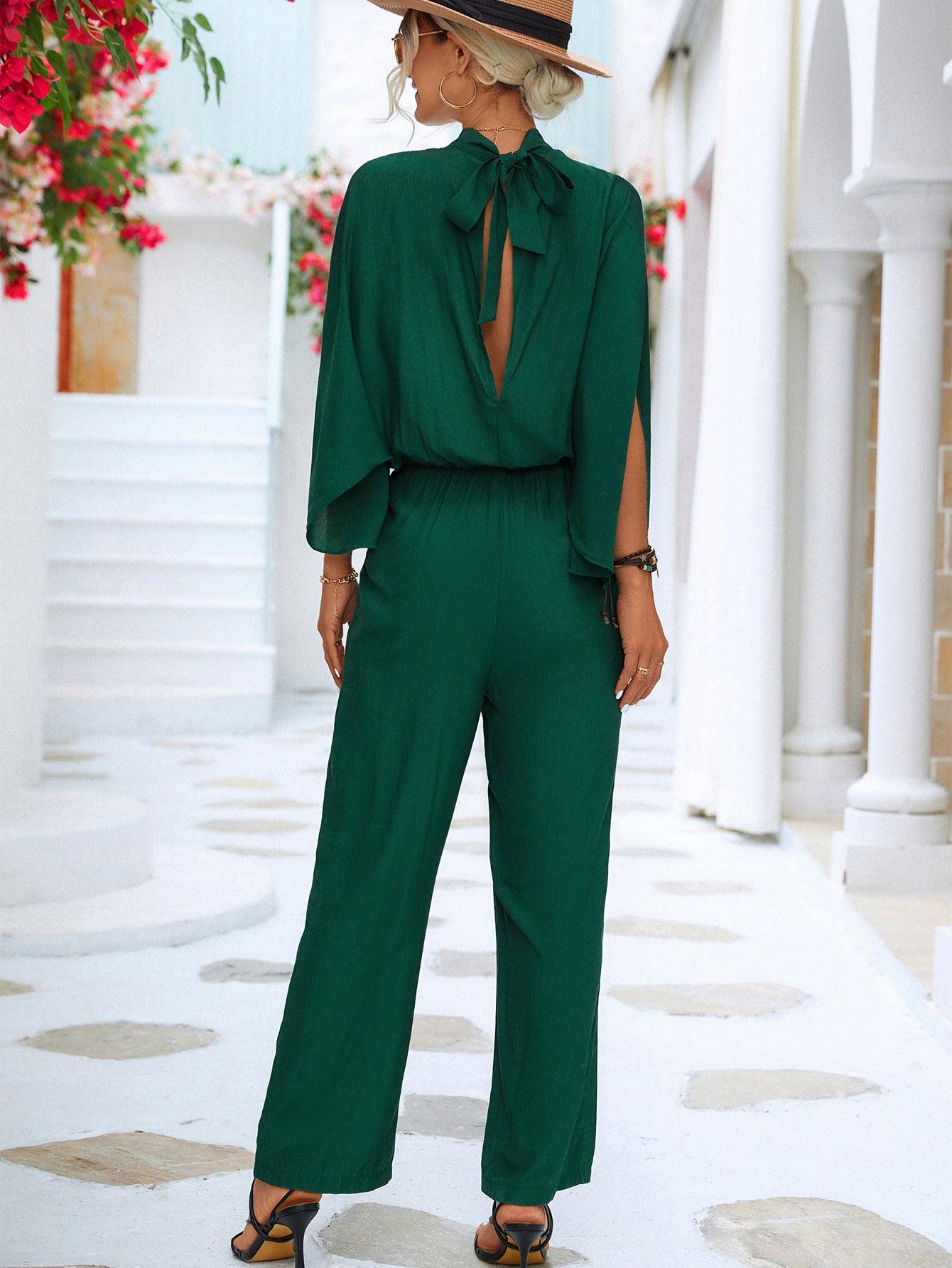 Tie Back Mock Neck Split Sleeve Jumpsuit - Trendy by Luna