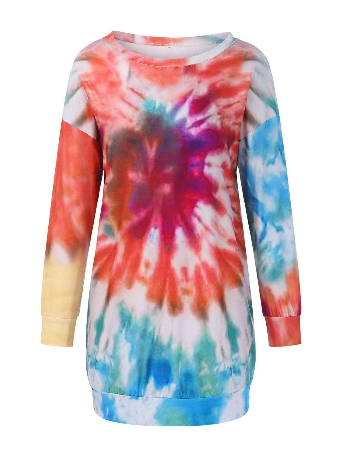 Full Size Tie-Dye Round Neck Long Sleeve Dress - Trendy by Luna