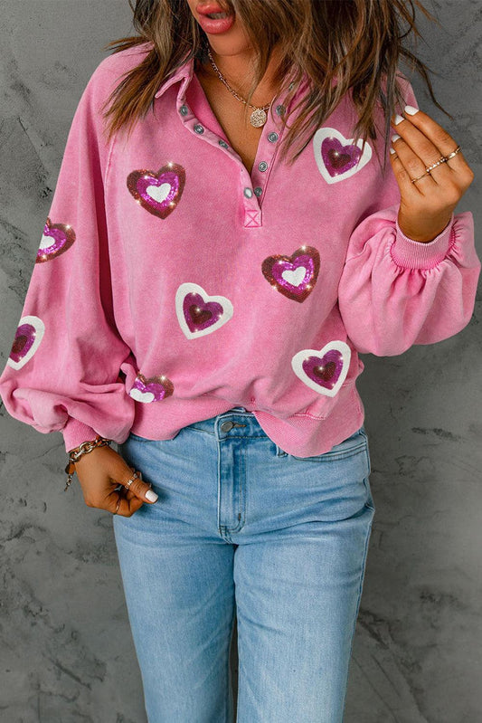 Heart Sequin Half Snap Mineral Wash Sweatshirt - Trendy by Luna