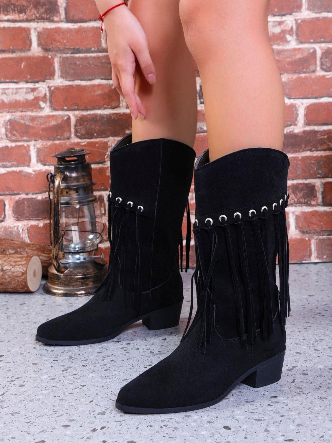 Fringe Suede Point Toe Block Heel Boots - Trendy by Luna