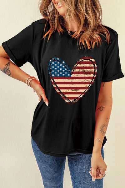 Stars and Stripes Heart Round Neck Short Sleeve T-Shirt - Trendy by Luna