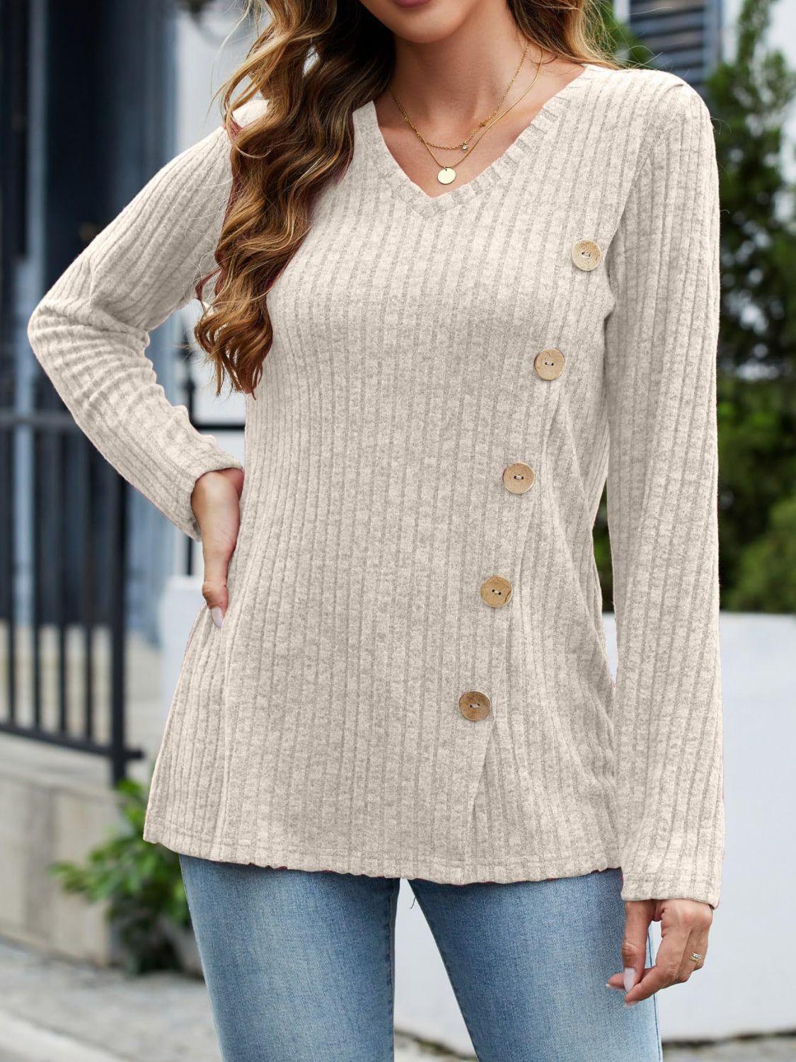 V-Neck Long Sleeve T-Shirt - Trendy by Luna