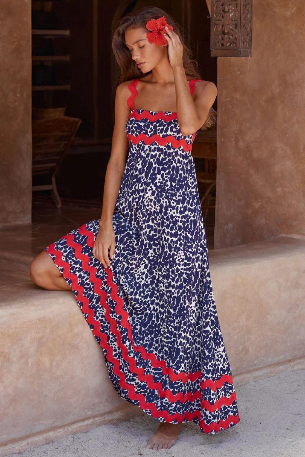 Printed Square Neck Wide Strap Maxi Dress - Trendy by Luna