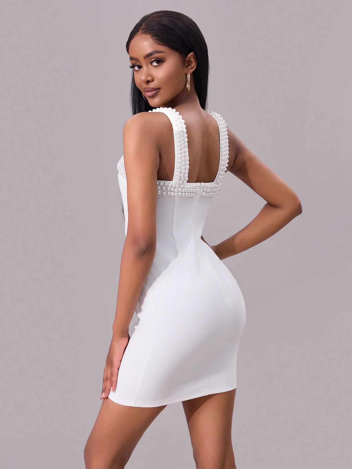 Pearl Detail Square Neck Wide Strap Mini Dress